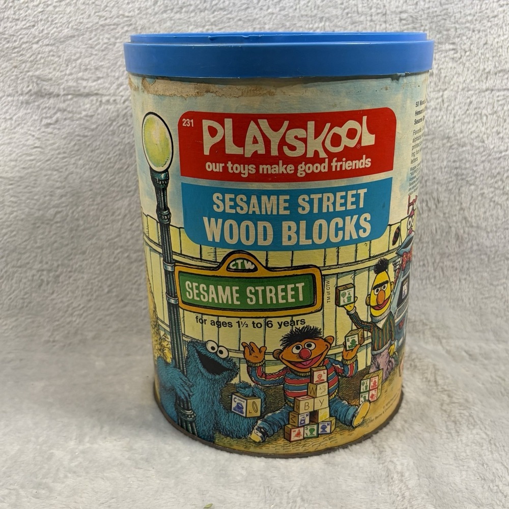 Vintage 1975 Playskool Sesame Street Wood Blocks #231 Original Canister 44 Pc